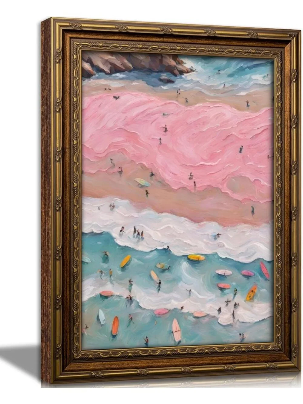 Vintage Coastal Surfers Canvas Wall Art | Pink & Blue Beach Decor 9x11in